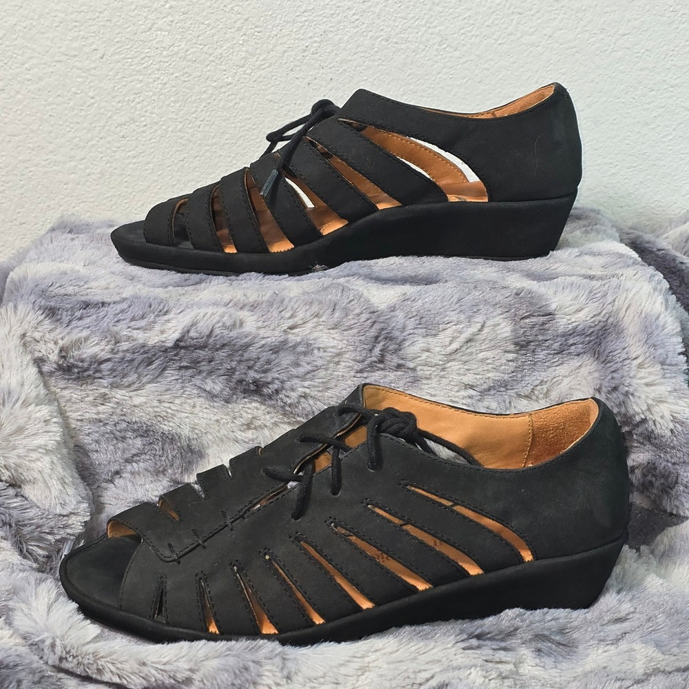 L'Amour Des Pieds‎ Bellina Black Leather Lace Up Wedge Sandals Women 7.5 M